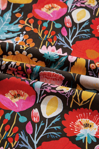 Floral 3/4 Puff Sleeve Tied Neck Blouse