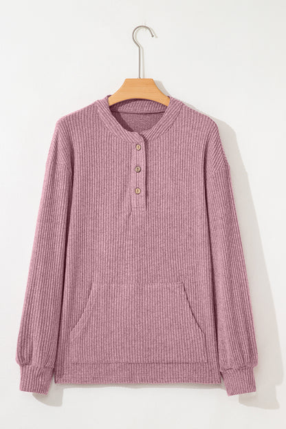 Solid Ribbed Knit Drop Shoulder Henley Top