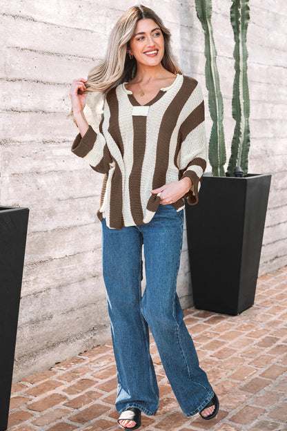Colorblock Stripe V-Neck 3/4 Sleeve Sweater
