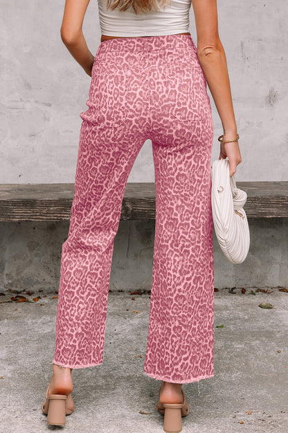 Leopard Frayed Edge High Waist Wide Leg Jeans