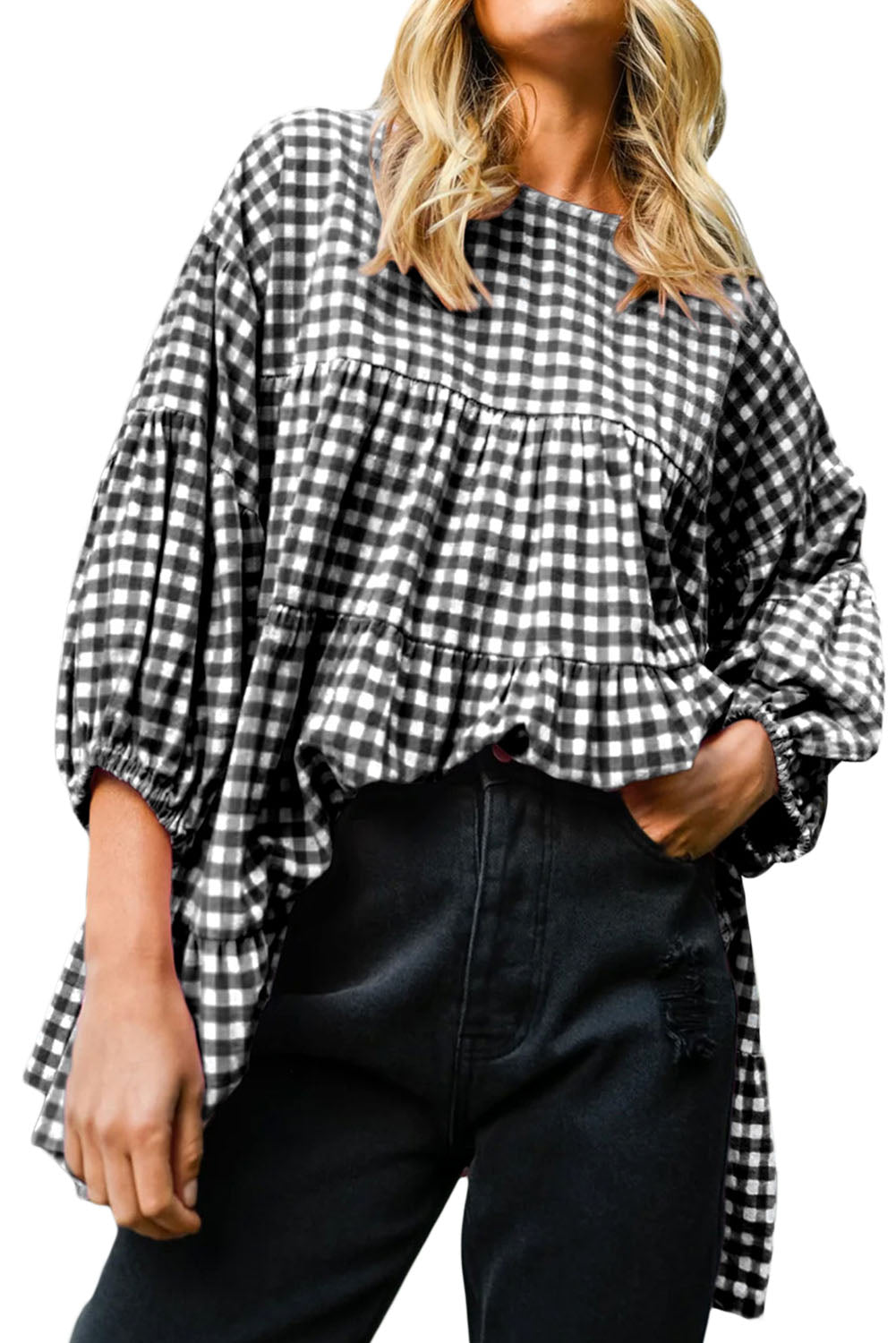 Checker Puff Sleeve Tiered Blouse