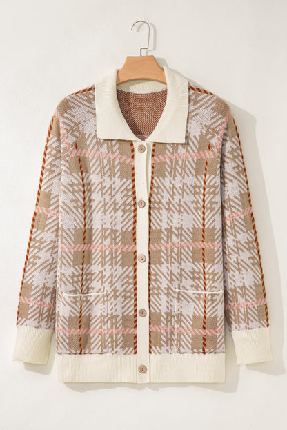Plus Size Plaid Ribbed Trim Button Front Cardigan