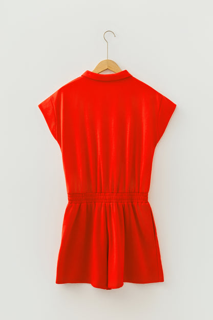 Solid Half Zip Polo Tee Elastic Waist Romper
