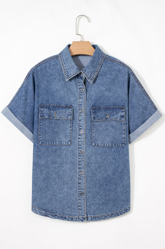 Denim Buttoned Flap Pocket Cuffed Short Sleeve Shirt