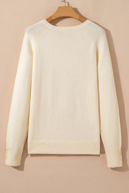 Solid Buttoned Bishop Long Sleeve Crew Neck Sweater
