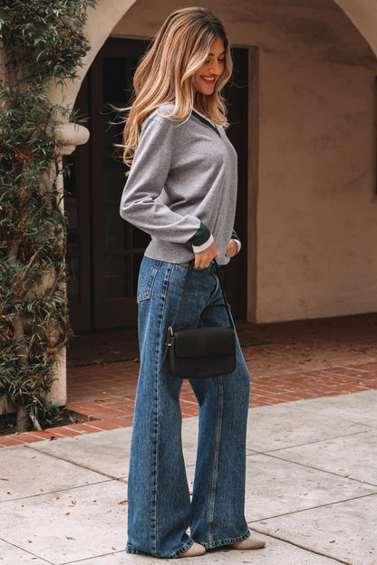 Varsity Stripe Contrast Trim V-Neck Sweater