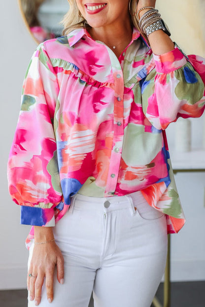 Abstract Lantern Sleeve Collared Shirt