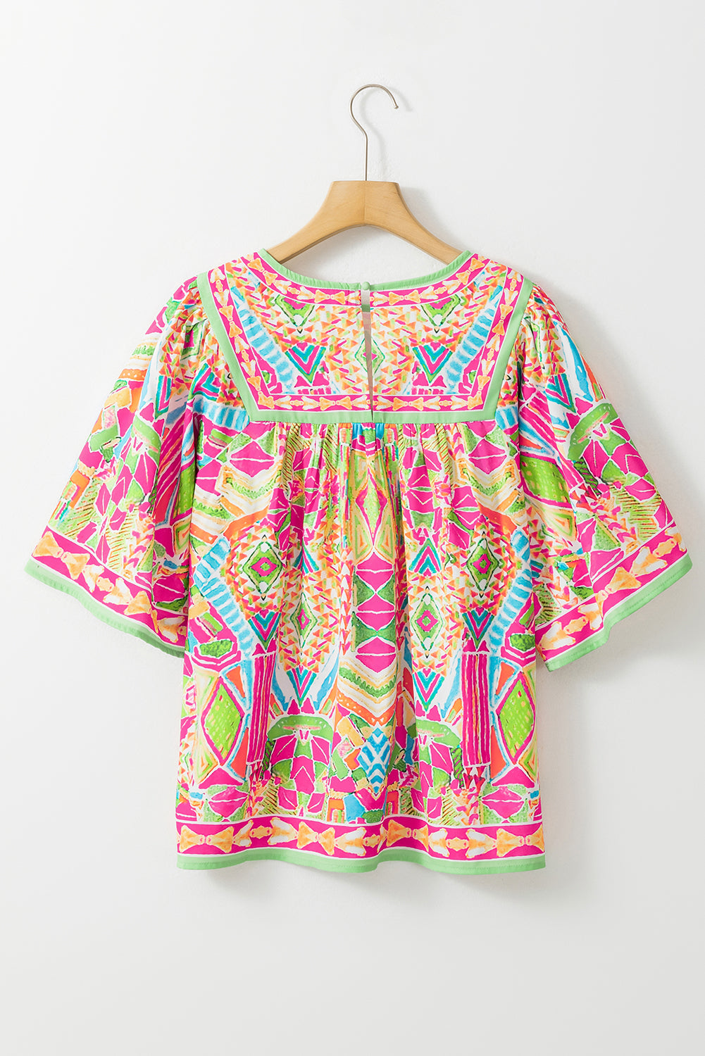 Geometric Bell Sleeve Babydoll Blouse