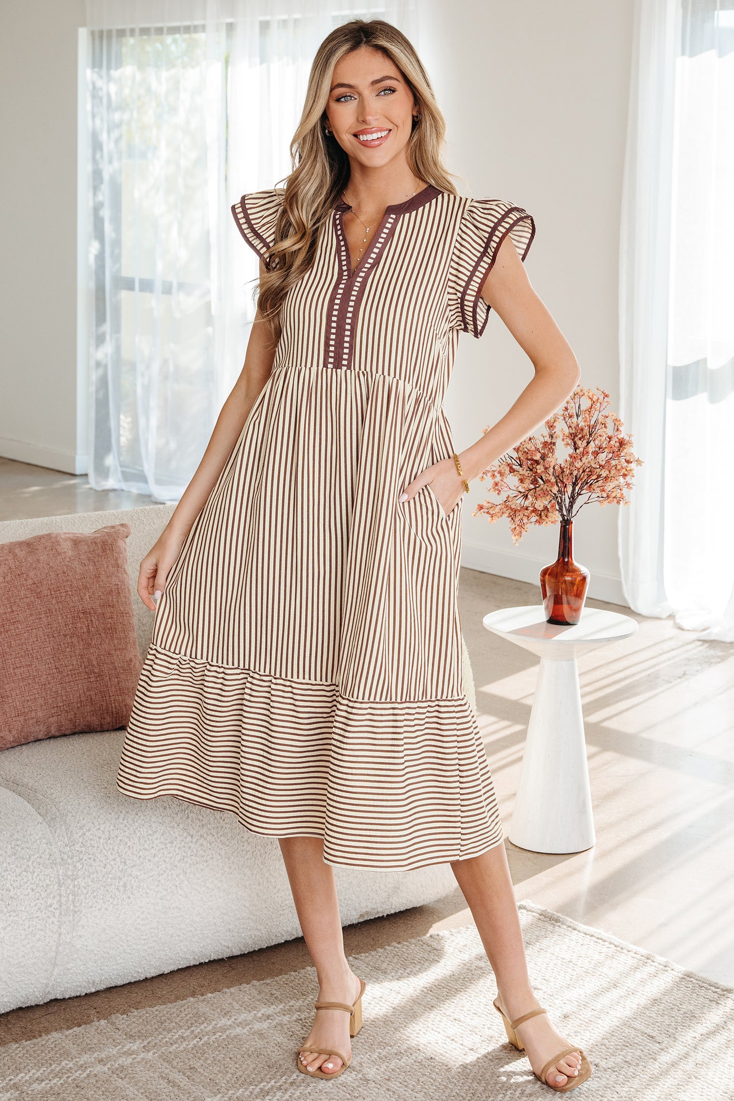 Stripe Ruffle Short Sleeve V-Neck Midi Dress