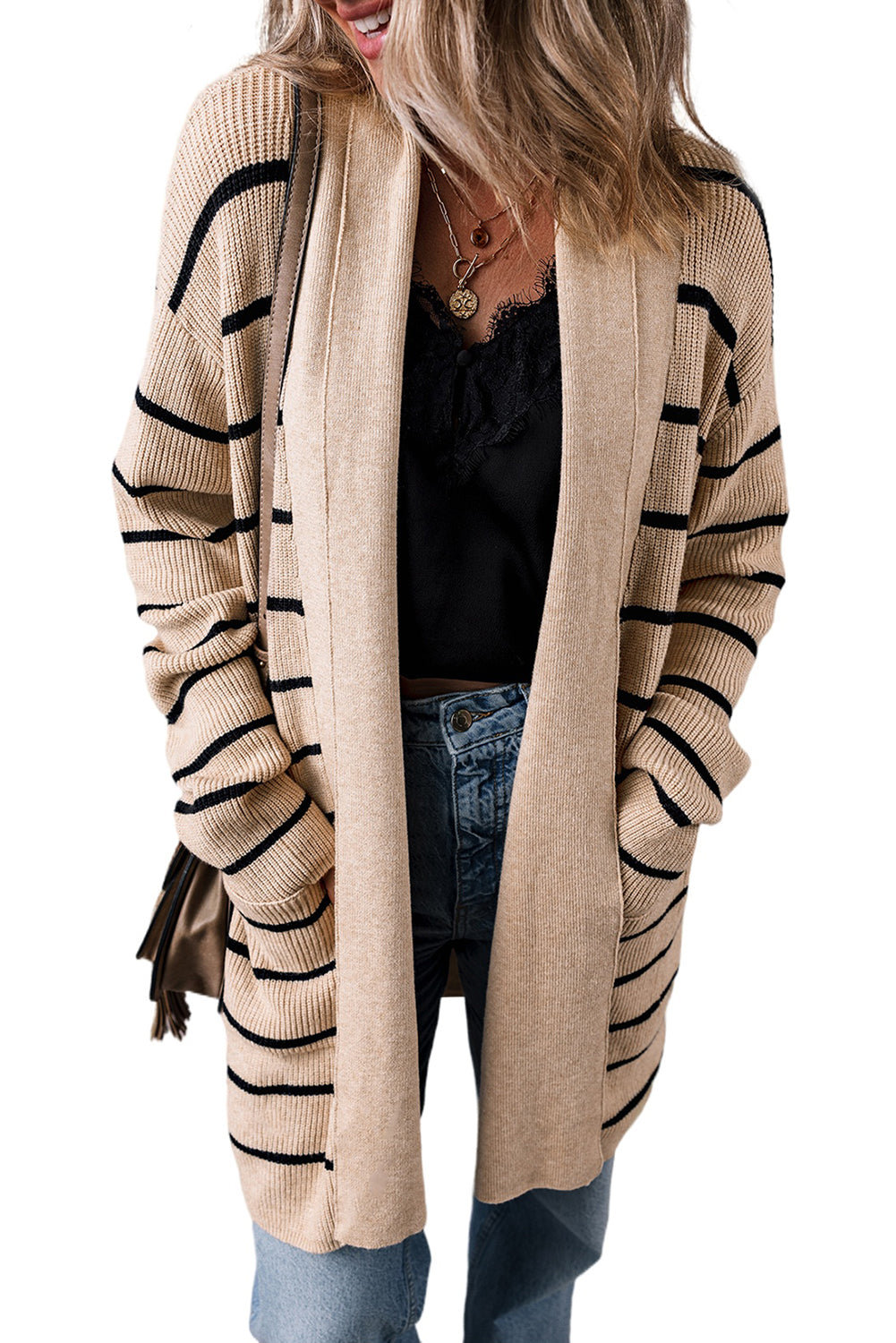 Stripe Shawl Collar Open Front Cardigan