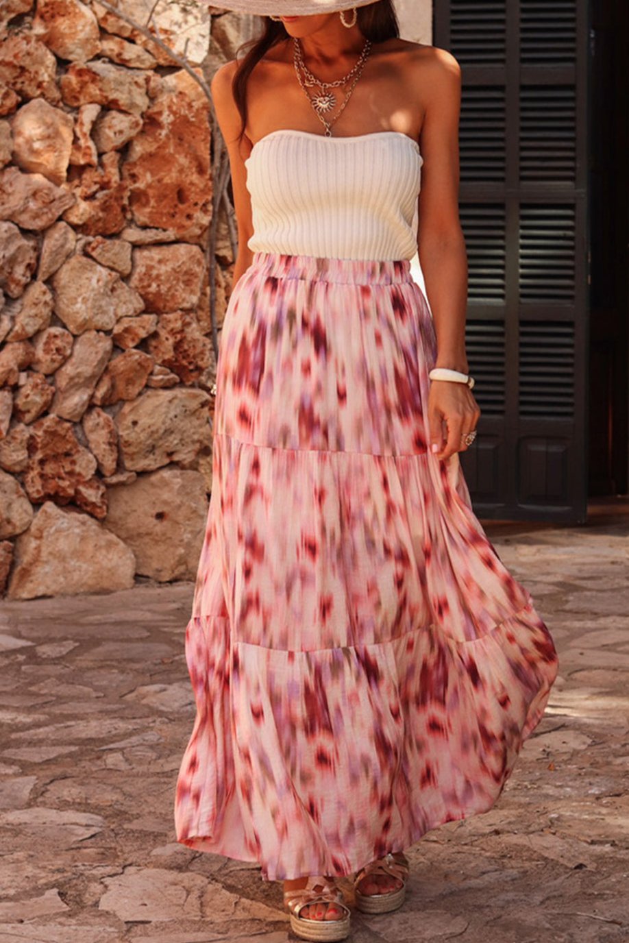 Abstract Tie-Dye Tiered Maxi Skirt