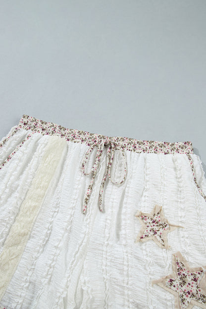 Floral Textured Lace Star Patch Drawstring Shorts