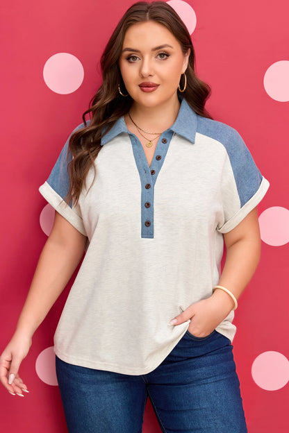 Plus Size Denim Patchwork Cuff Sleeve Polo Tee