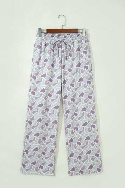 Camo Drawstring High Waist Wide Leg Pants