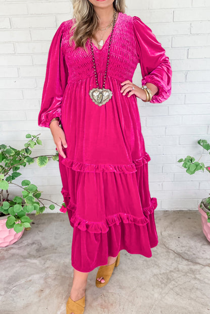 Shirred Ruffle Velvet Maxi Dress Plus Size