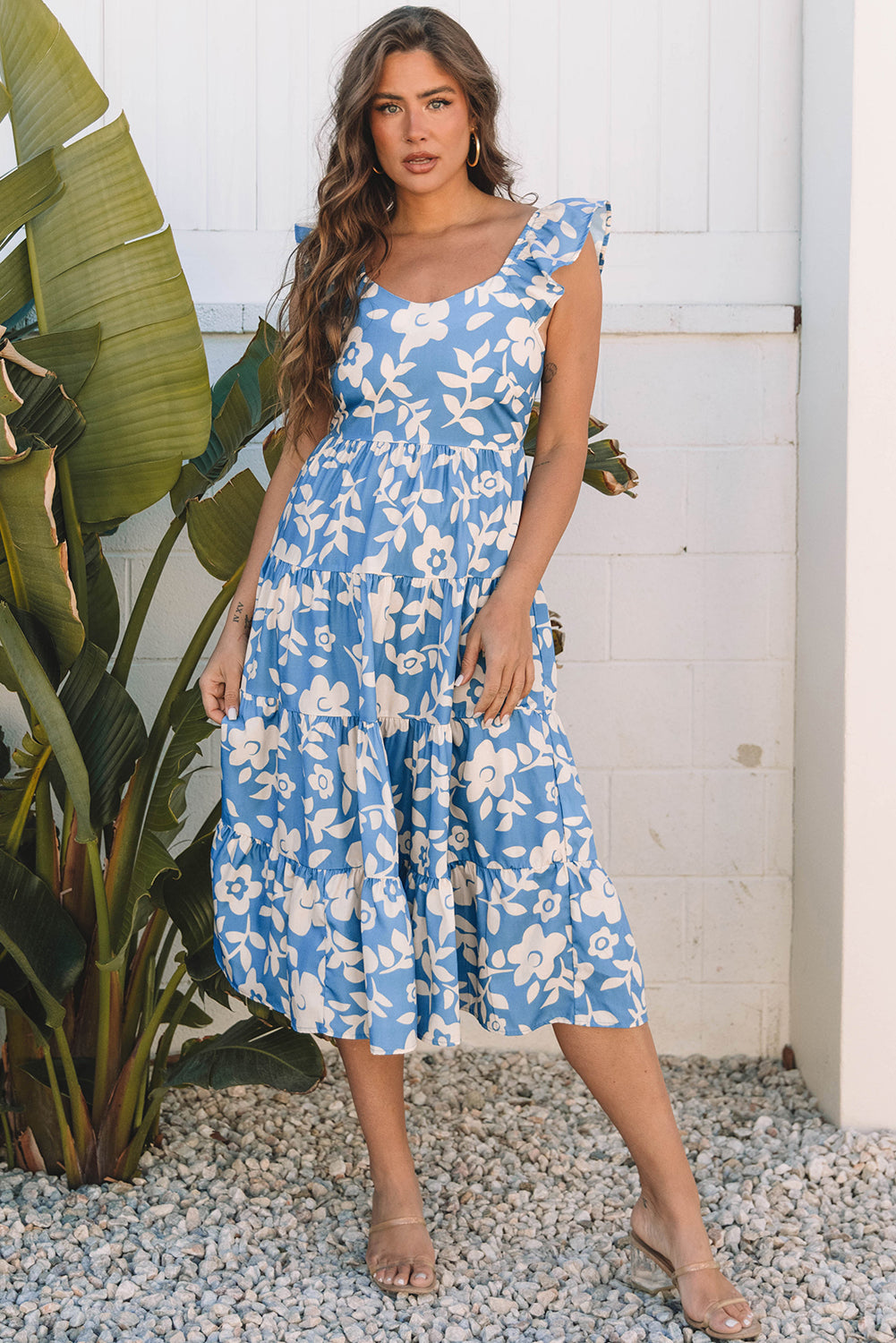 Floral Scoop Neck Tiered Flowy Midi Dress