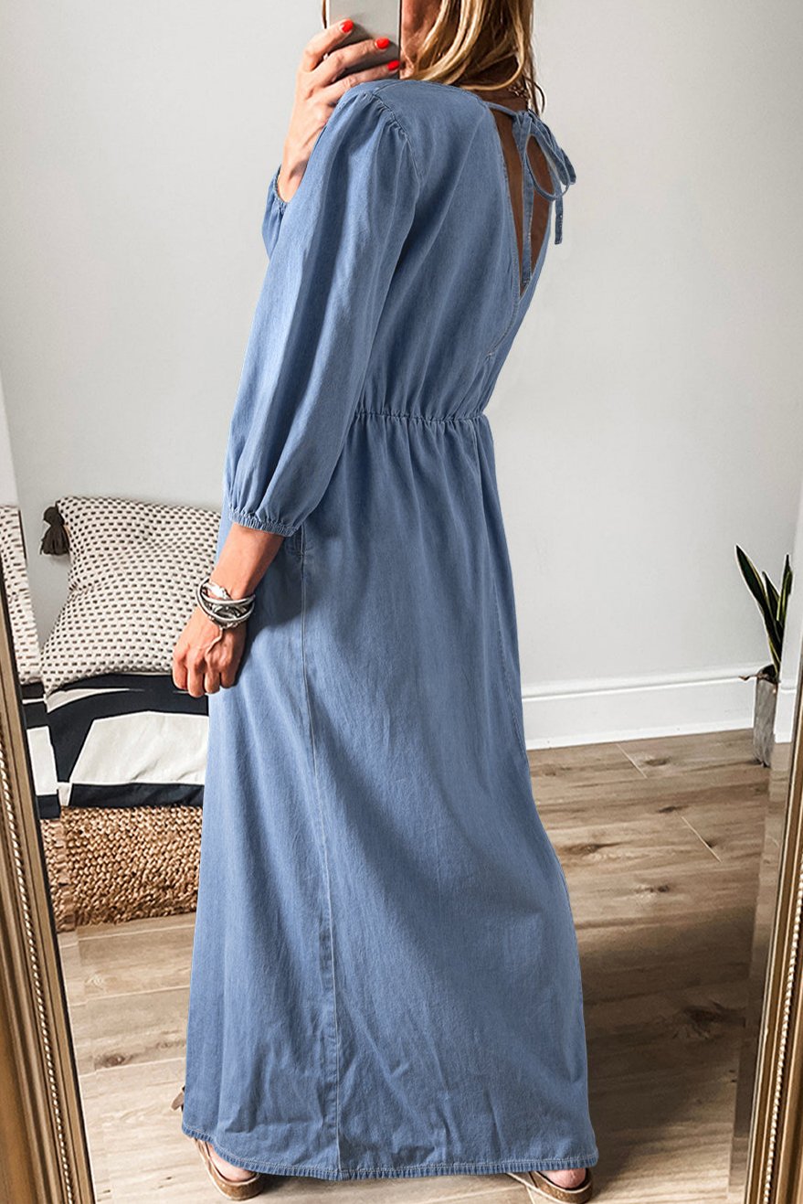 Chambray V-Neck 3/4 Sleeve Maxi Dress