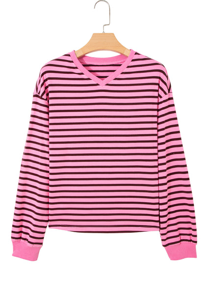 Stripe V-Neck Drop Shoulder Long Sleeve Top