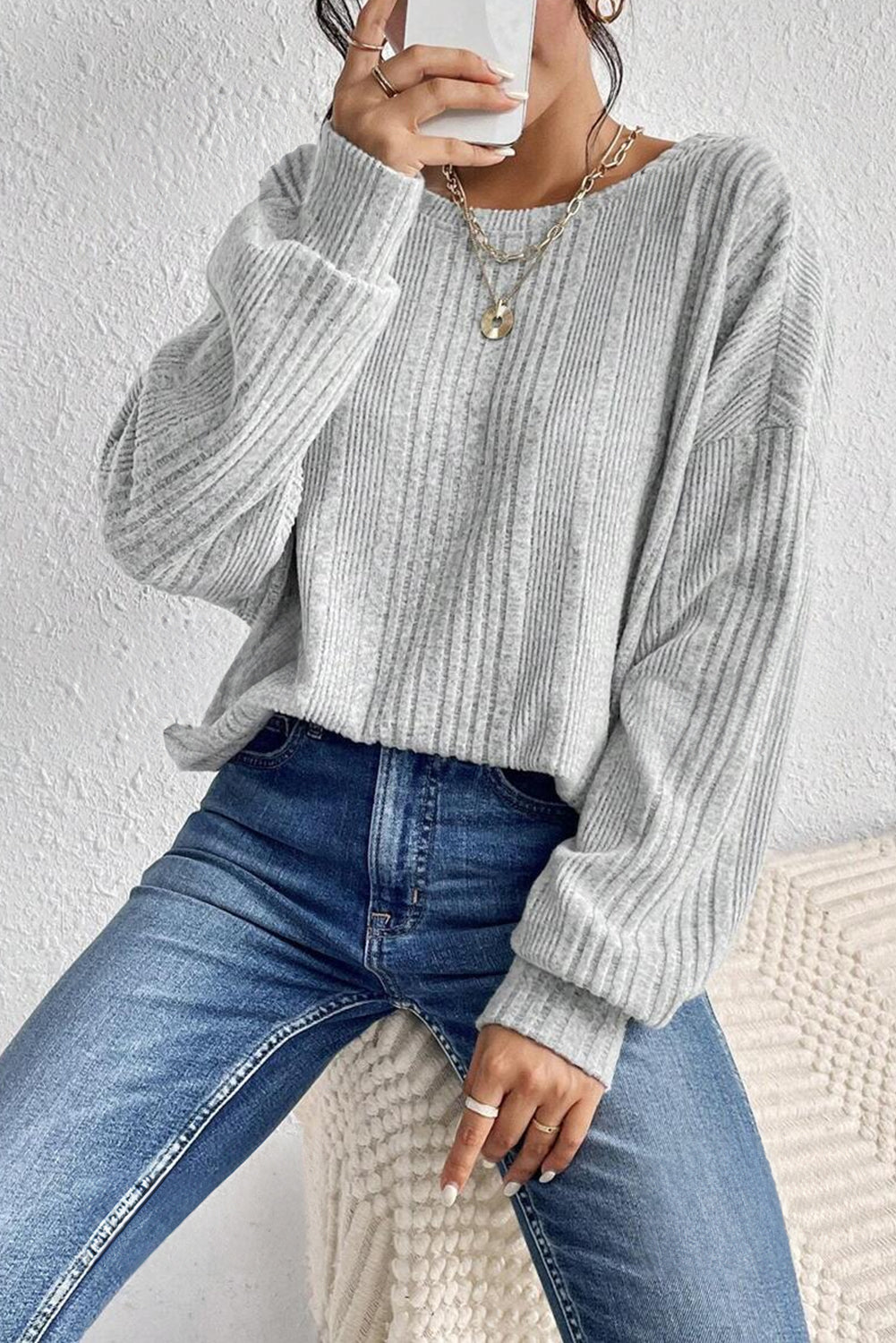 Textured Backless Long Sleeve Top