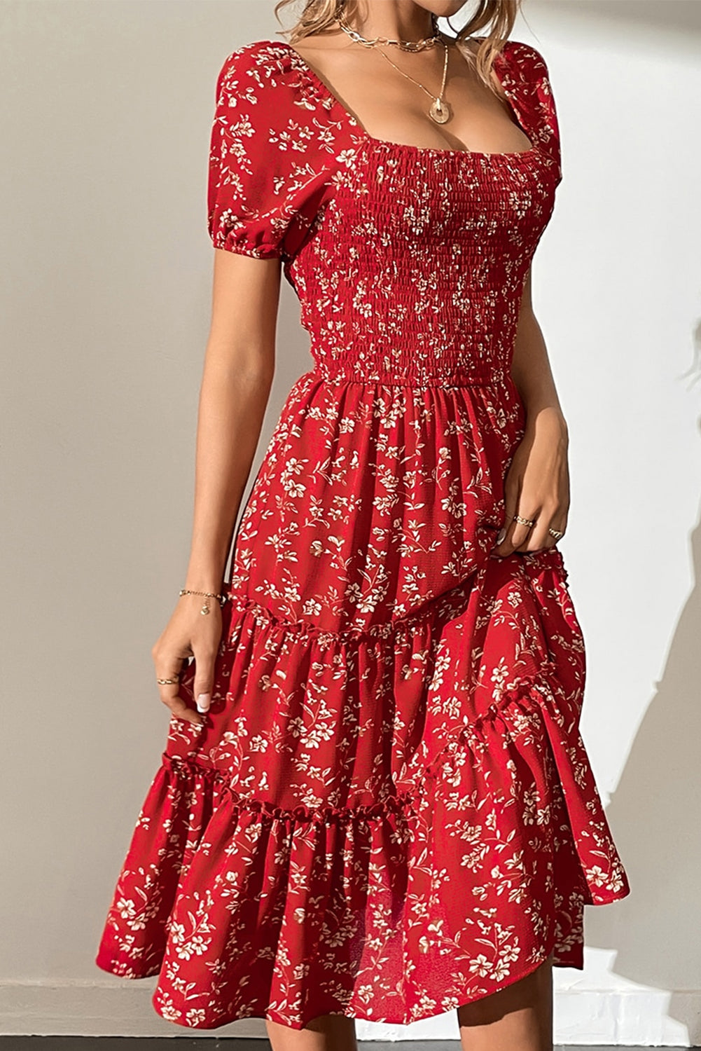 Floral Smocked Tiered Midi Dress