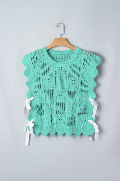 Pointelle Knit Scallop Trim Short Sleeve Sweater