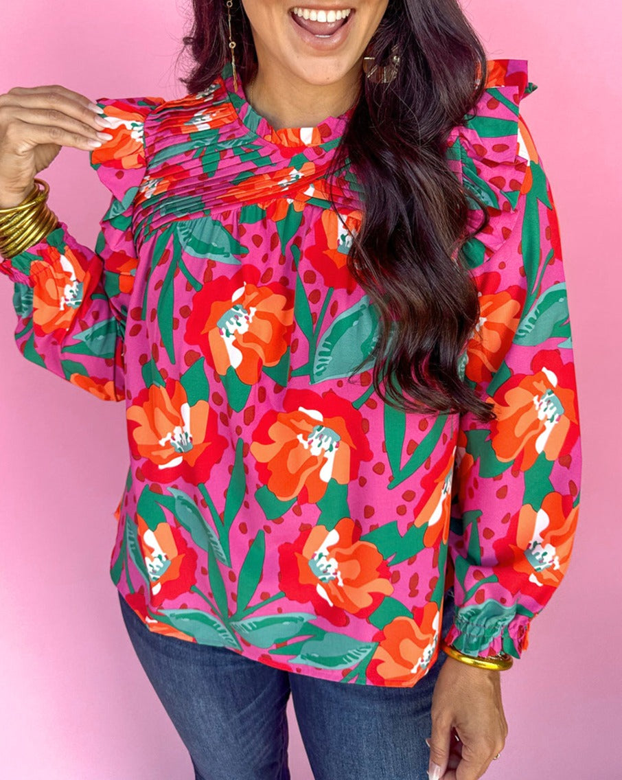 Floral Pleated Ruffle Blouse Plus Size