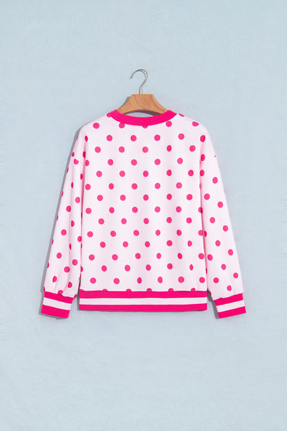Polka Dot Colorblock Trim Round Neck Sweatshirt