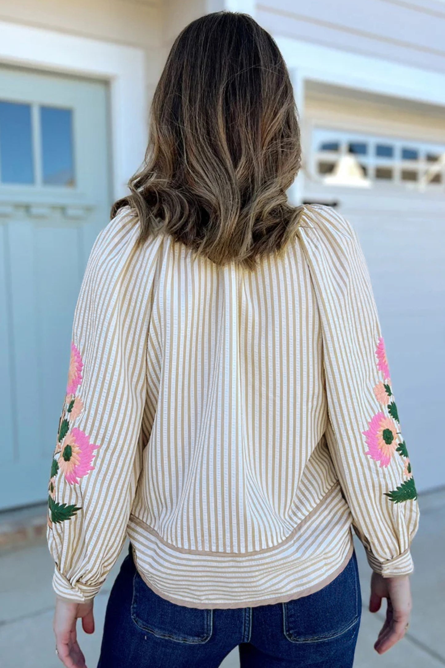 Floral Embroidered Stripe V-Neck Long Sleeve Blouse