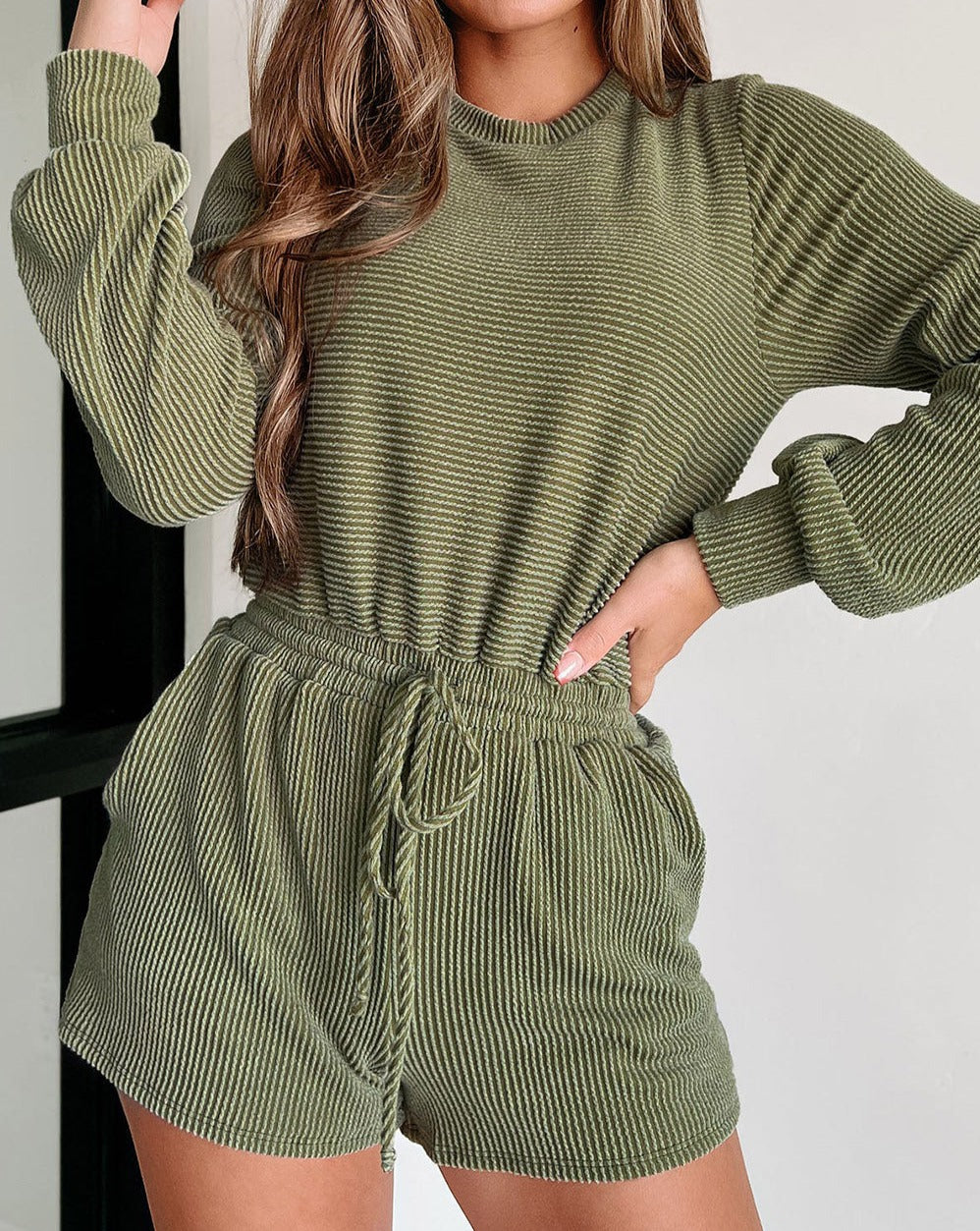 Ribbed Long Sleeve Romper w/Pockets