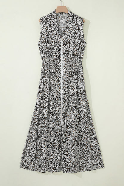 Leopard Zip Up V-Neck Cinched Waist Maxi Dress