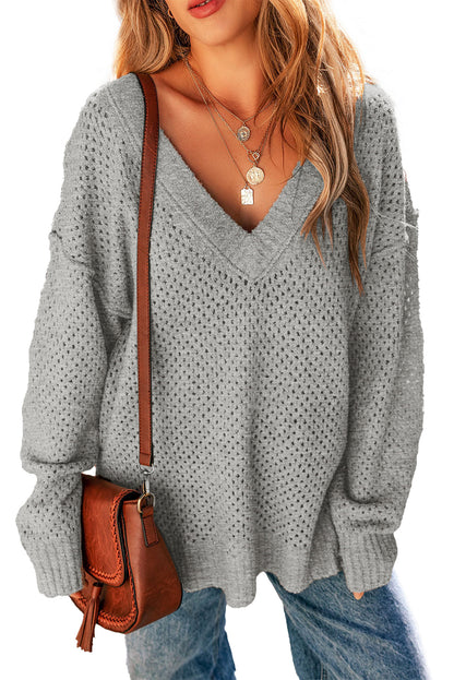 Eyelet V-Neck Drop Shoulder Sweater