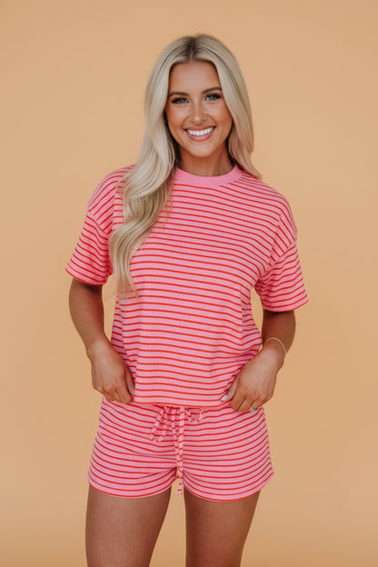 Stripe Side Split Tee & Drawstring Shorts Set