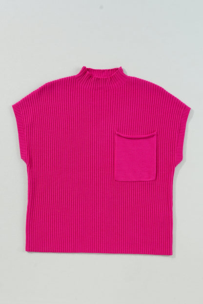 Solid Ribbed Knit Patch Pocket Short Sleeve Top