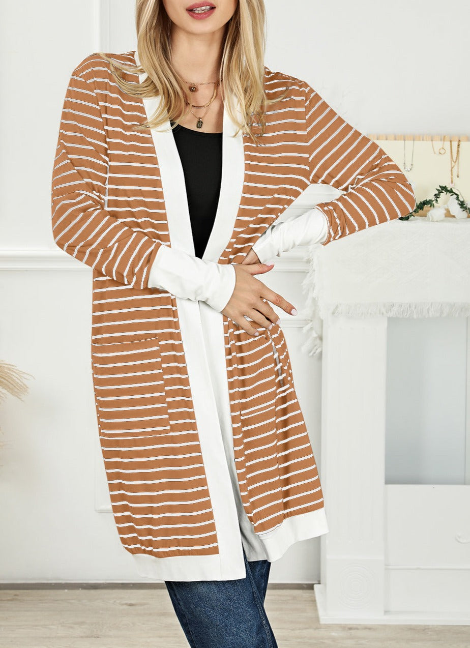 Stripe Pocketed Open Front Cardigan