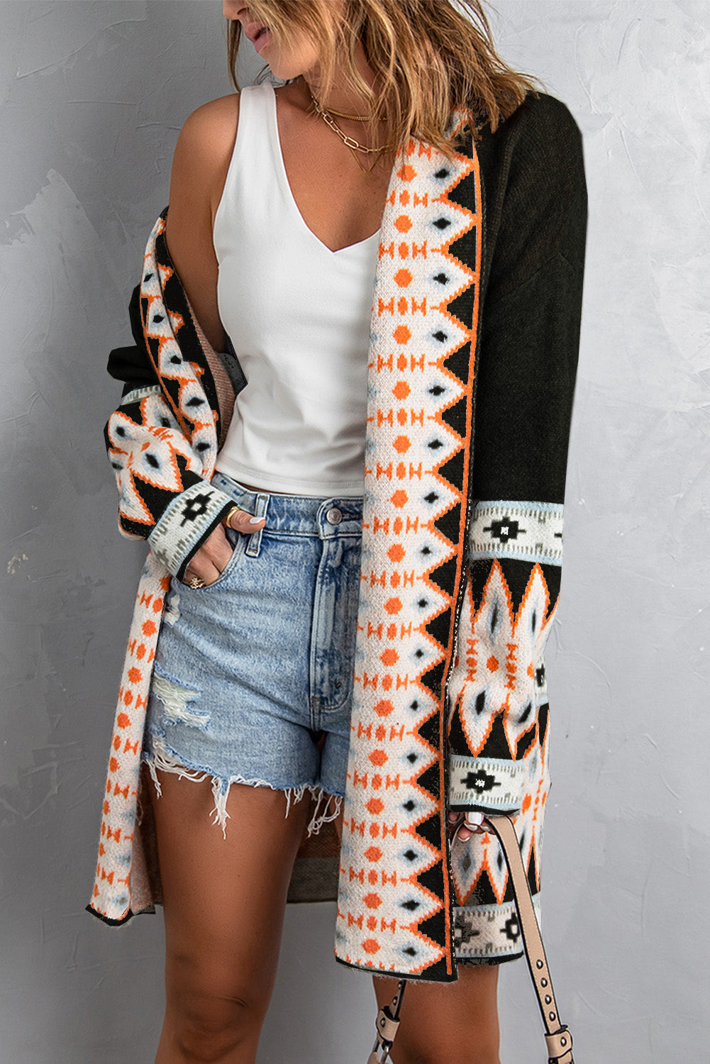 Aztec Open Front Knitted Cardigan