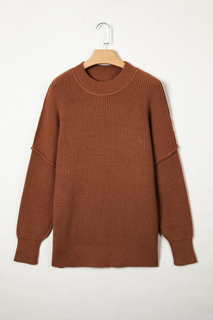 Exposed Hem Drop Shoulder Ribbed Knit Sweater