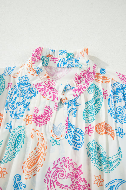 Paisley Button Keyhole Puff Sleeve Blouse