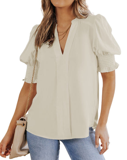 Pleated Puff Sleeve V-Neck Blouse