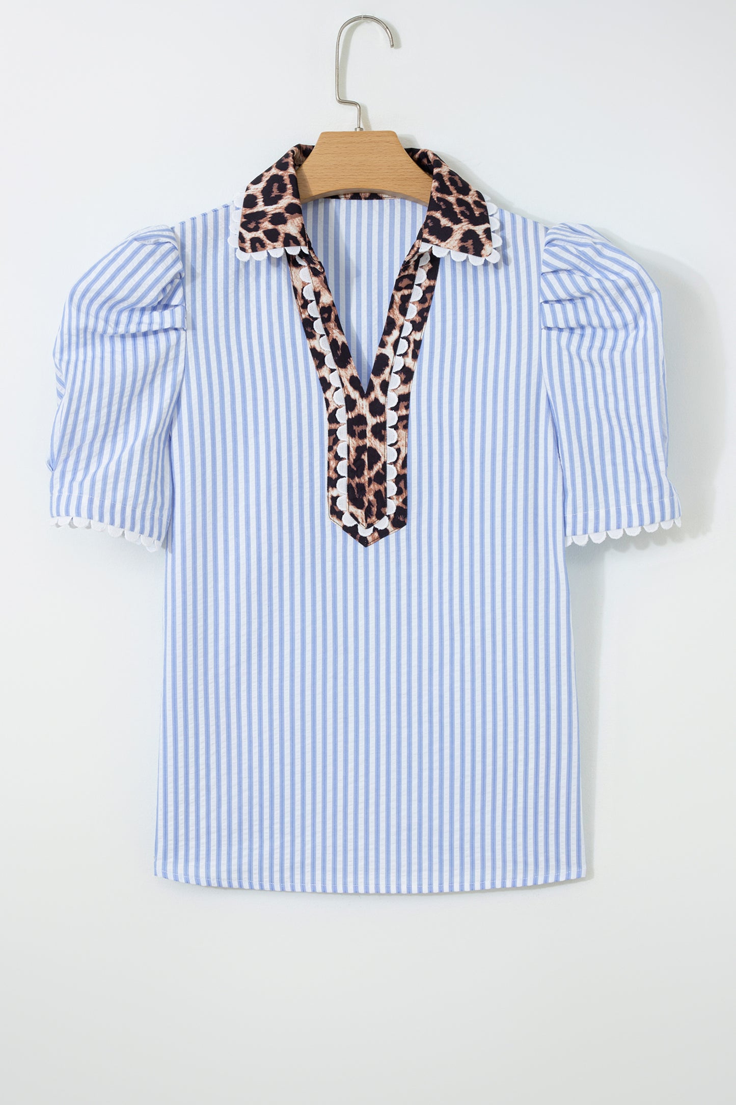 Leopard Patchwork Collared V-Neck Puff Sleeve Blouse