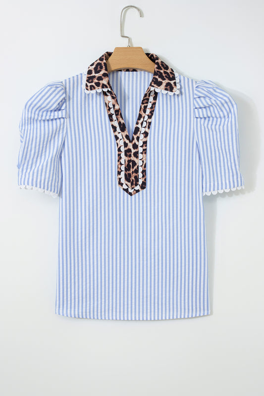 Leopard Patchwork Collared V-Neck Puff Sleeve Blouse