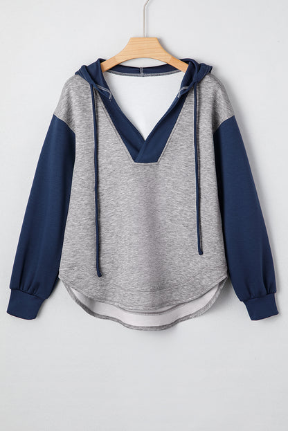 Colorblock Patchwork V-Neck Drawstring Hoodie