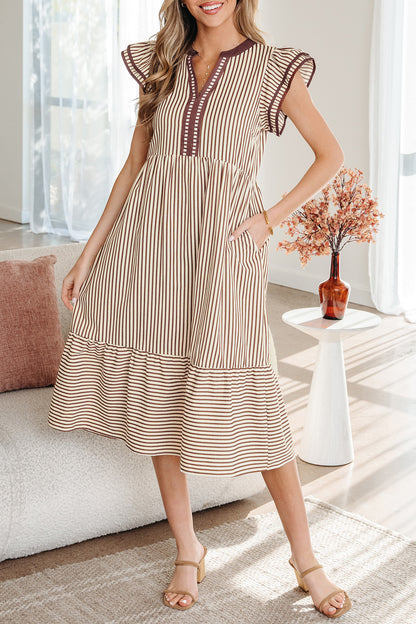Stripe Ruffle Short Sleeve V-Neck Midi Dress
