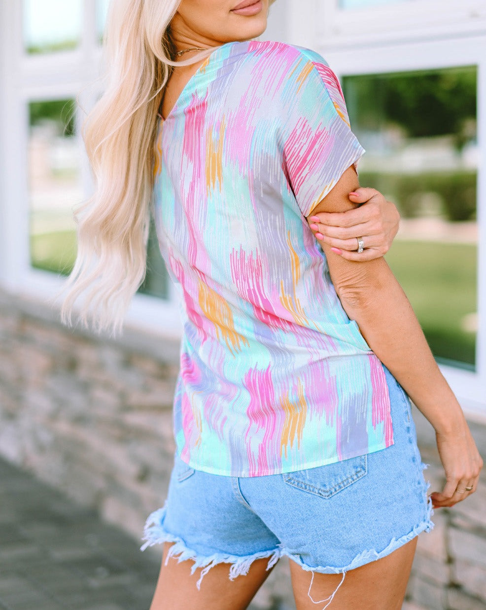 Abstract Short Sleeve V-Neck Blouse