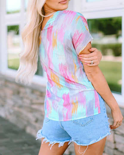 Abstract Short Sleeve V-Neck Blouse