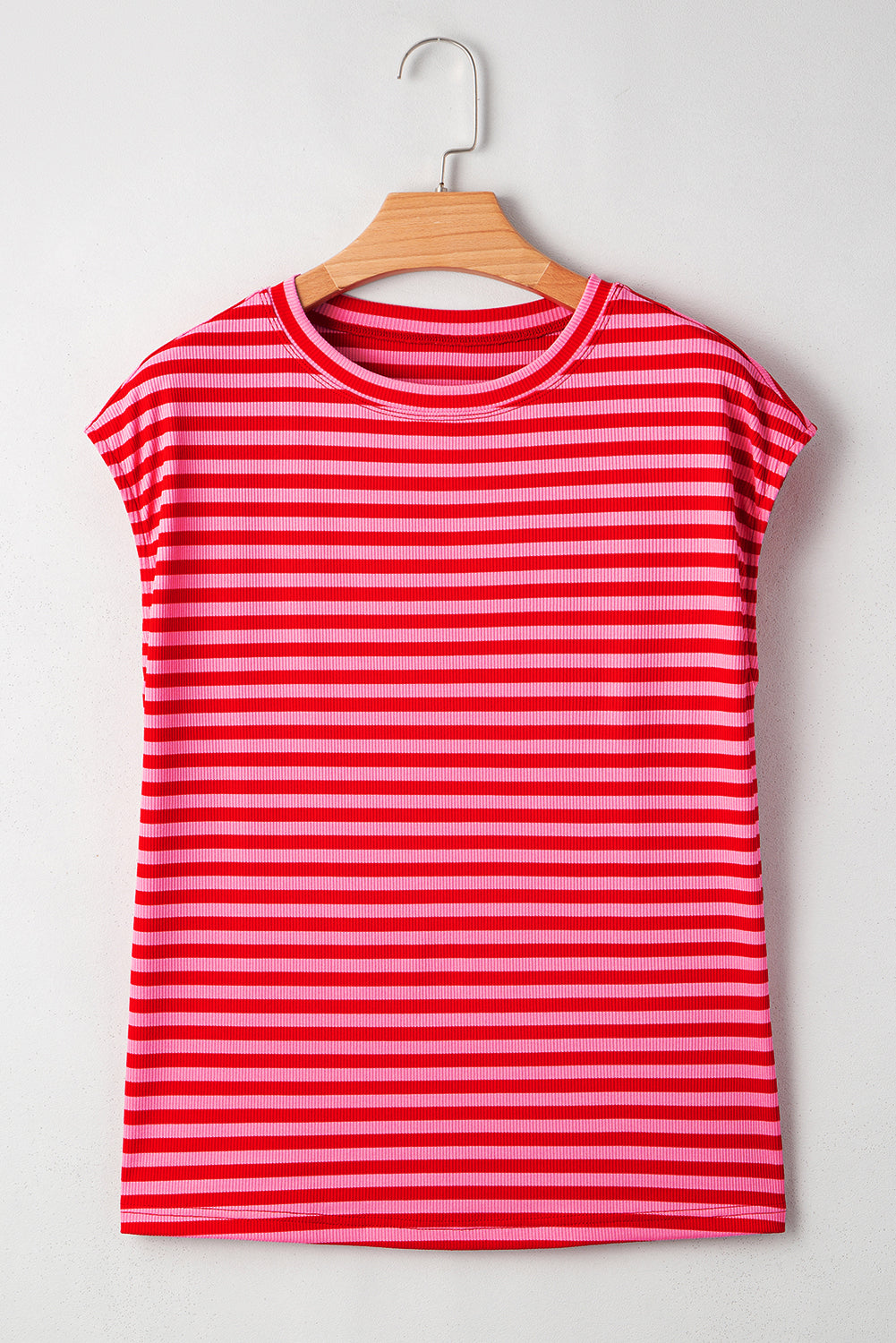 Stripe Ribbed Cap Sleeve Round Neck T-Shirt