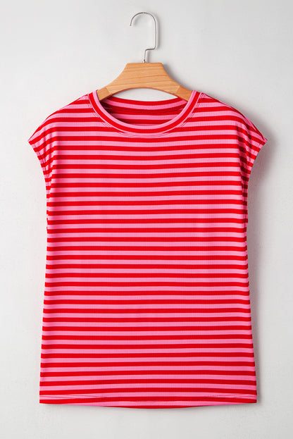 Stripe Ribbed Cap Sleeve Round Neck T-Shirt