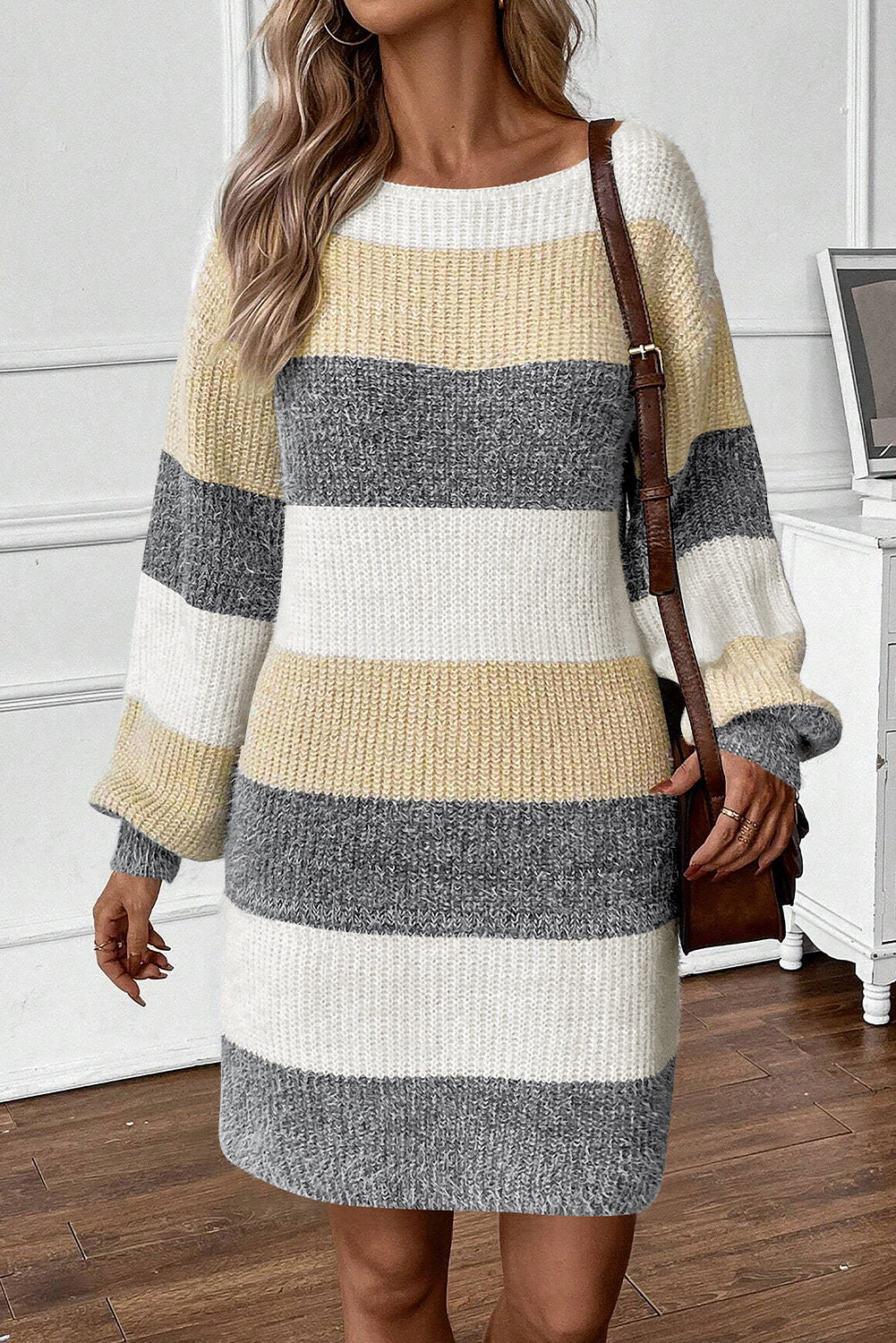 Stripe Colorblock Bubble Sleeve Sweater Dress