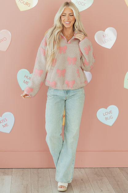 Valentine Bow Sherpa Quarter Zip Sweatshirt