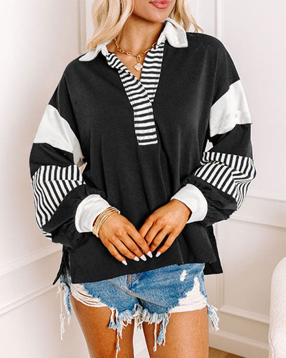 Stripe Colorblock Collared V-Neck Sweatshirt