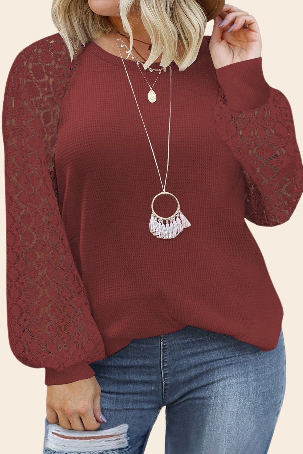 Waffle Lace Long Sleeve Top Plus Size